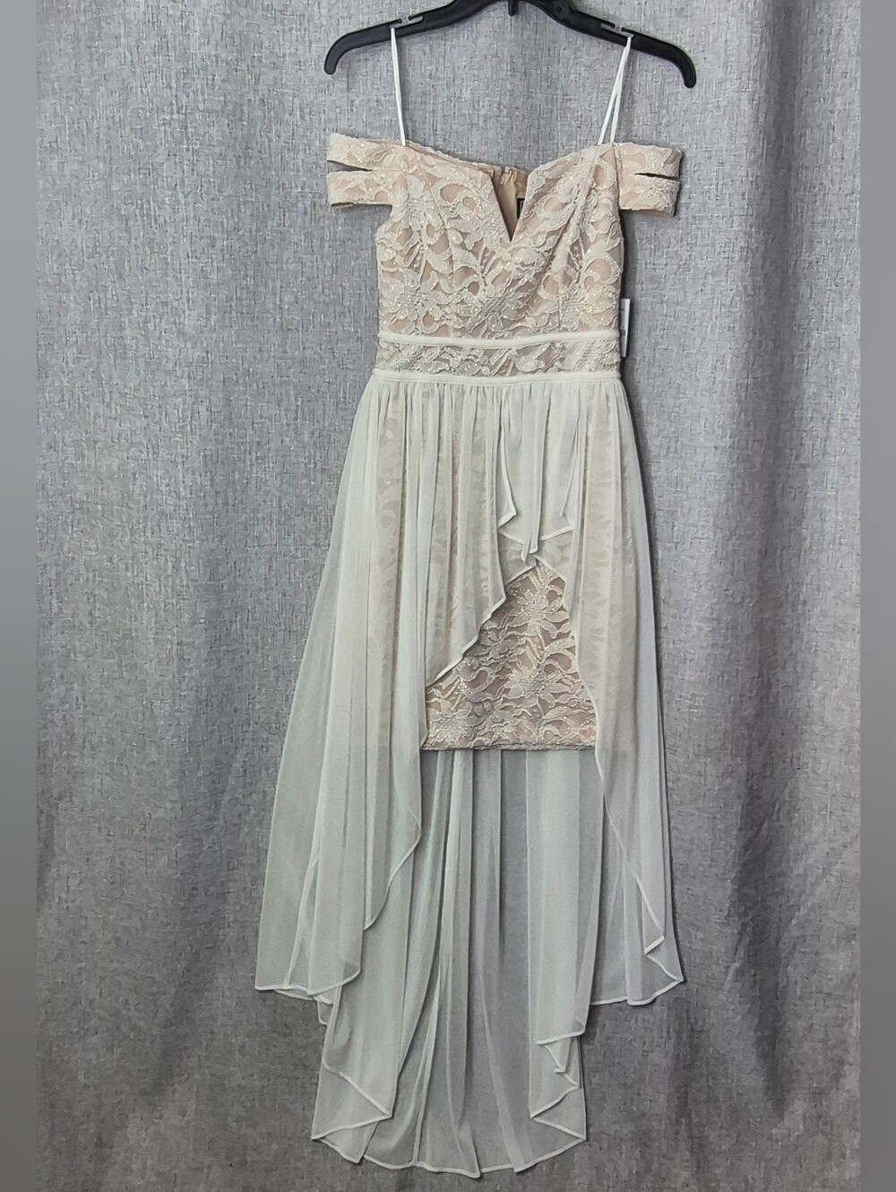 Morgan & Co. Off-Shoulder Lace High-Low Dress in Light Beige